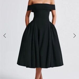 Strapless Black Midi Dress with Full Skirt